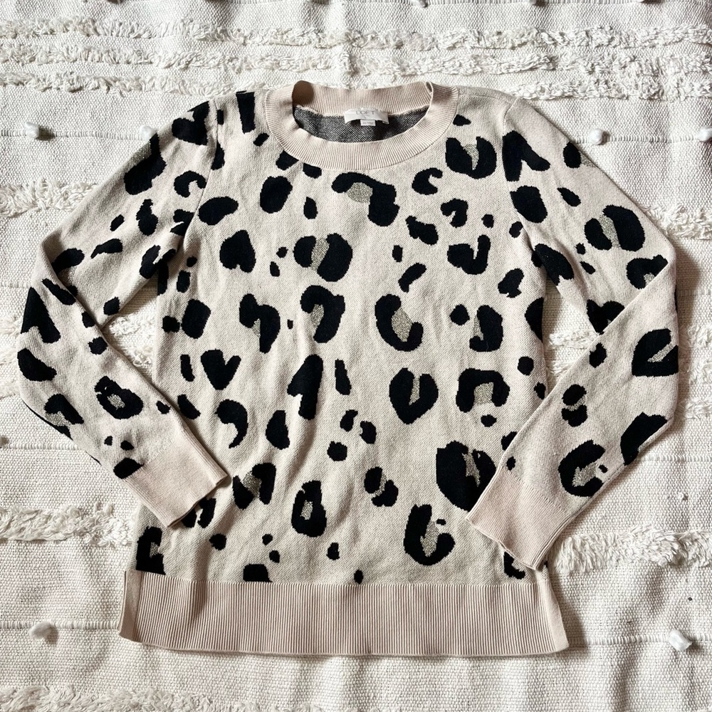 LOFT Leopard Jacquard Beige/Metallic Gold Sweater size xsmall